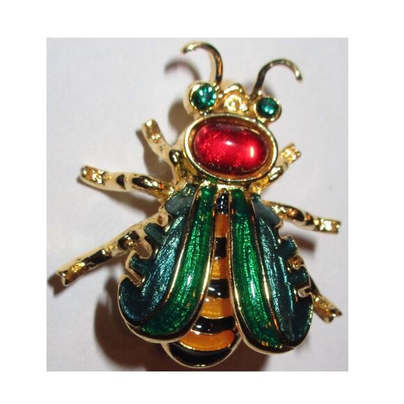 Joan Rivers RUSSIAN Honey BEE PIN BROOCH Enamel Yellow Black Gold Red Cabochon - Picture 1 of 5